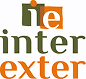 Logo ie inter exter, typographie serif vert olive et orange avec carrés graphiques bicolores.